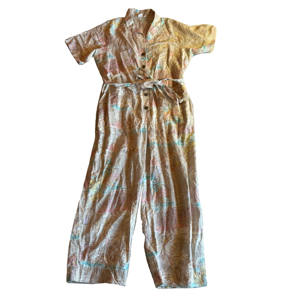 Old Navy Linen‎ Blend Belted Jumpsuit, Short Sleeve, Palm Trees, Size 14